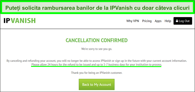 Captură de ecran a unui utilizator care solicită cu succes o rambursare de la IPVanish prin chat live cu garanția de rambursare a banilor de 30 de zile