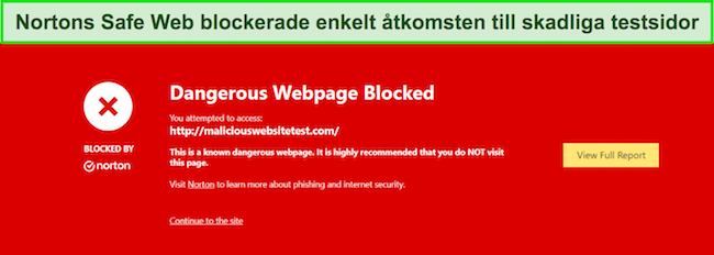 Norton-recension som visar säkerhetsfunktion där Safe Web blockerar åtkomst till testwebbplatser för skadlig programvara.