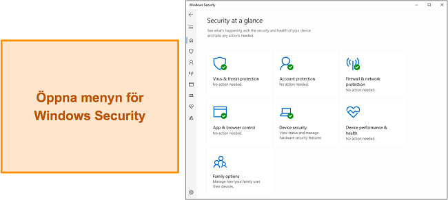 Skärmdump av huvudmenyn i Windows Säkerhet