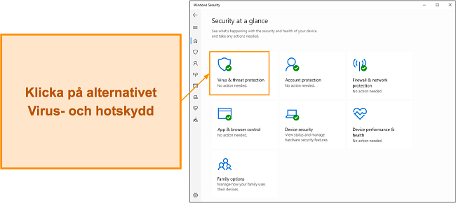 Skärmdump som visar hur du öppnar Microsoft Defenders virus- och hotskyddsmeny