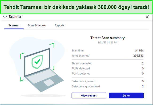 Tehdit Taraması özelliği arayüzünü vurgulayan Malwarebytes incelemesi.