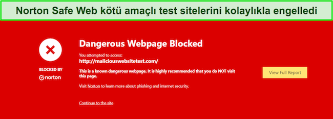 Safe Web'in kötü amaçlı yazılım test sitelerine erişimi engellediği güvenlik özelliğini gösteren Norton incelemesi.