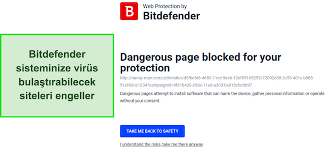 Potansiyel olarak zararlı bir web sitesine erişimi aktif olarak engelleyen web koruma özelliğini gösteren Bitdefender incelemesi