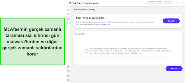 Gerçek zamanlı tarama menüsünü İngilizce olarak gösteren McAfee antivirüs incelemesi.