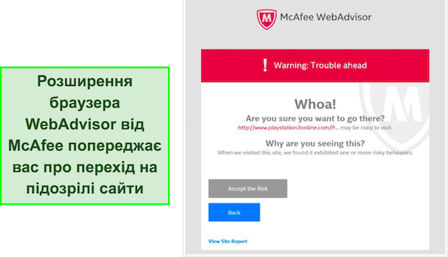 Знімок екрана інтерфейсу розширення браузера McAfee WebAdvisor.
