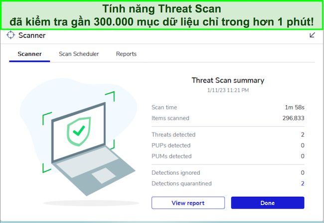 Đánh giá Malwarebytes nêu bật giao diện tính năng Threat Scan.