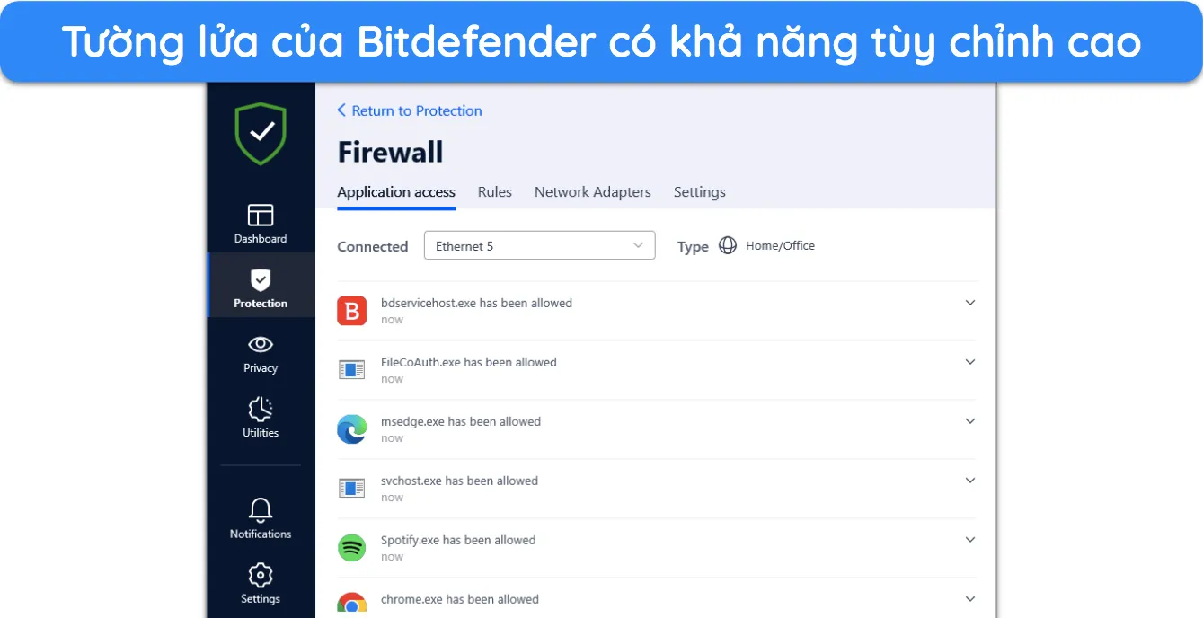 Bạn có thể tùy chỉnh cài đặt tường lửa của Bitdefender theo ý thích của mình.