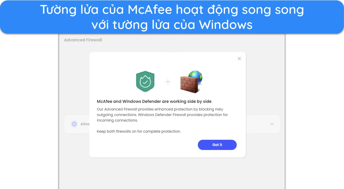 Ảnh chụp màn hình hiển thị tường lửa của McAfee hoạt động với tường lửa của Windows.