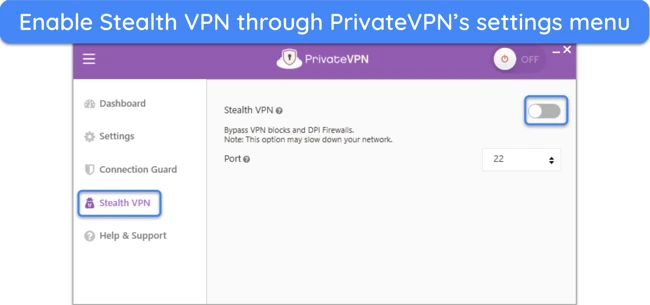 Screenshot showing how to enable Stealth VPN from PrivateVPN's settings menu