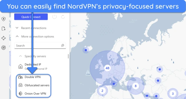 Screenshot showing NordVPN's server types clearly labeled in the app interface