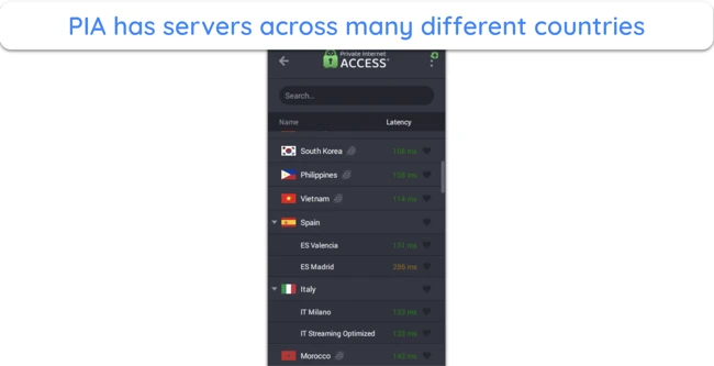 Screenshot showing the various countries where PIA offers servers