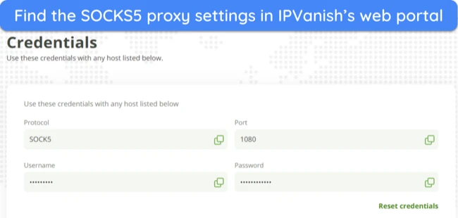 Screenshot showing SOCKS5 proxy configuration settings in IPVanish's web portal