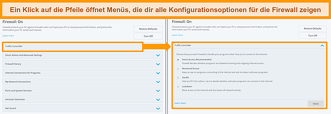 Screenshot der Firewall-Optionen von McAfee.