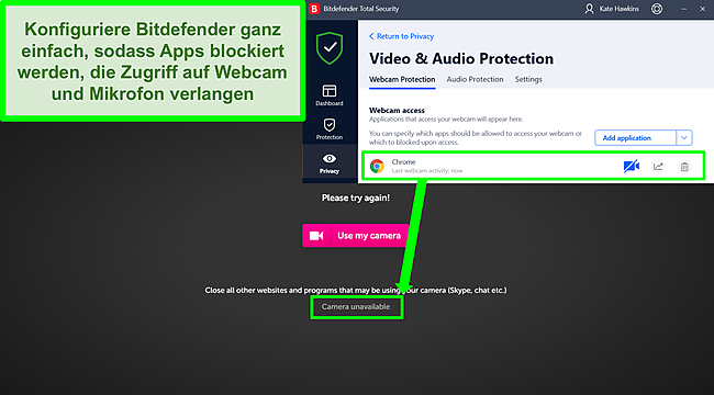 Screenshot von Bitdefender, der den Webcam-Zugriff auf eine Website blockiert.