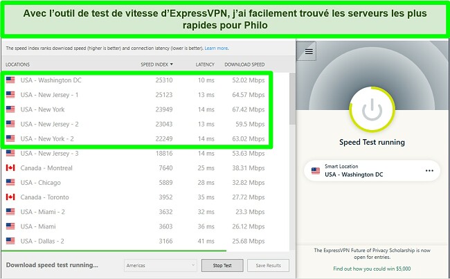 Capture d'écran de l'outil de test de vitesse d'ExpressVPN montrant un test en cours pour les serveurs des Amériques