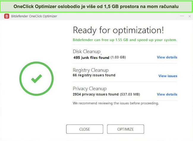 Snimka zaslona Bitdefenderovog alata OneClick Optimizer