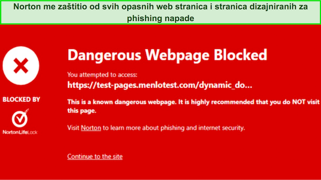 Snimka zaslona ekstenzije preglednika Norton Safe Web koja blokira zlonamjerno mjesto