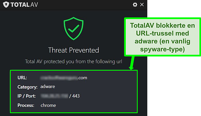 Skjermbilde som viser TotalAV som blokkerer skadelig URL-programvare.