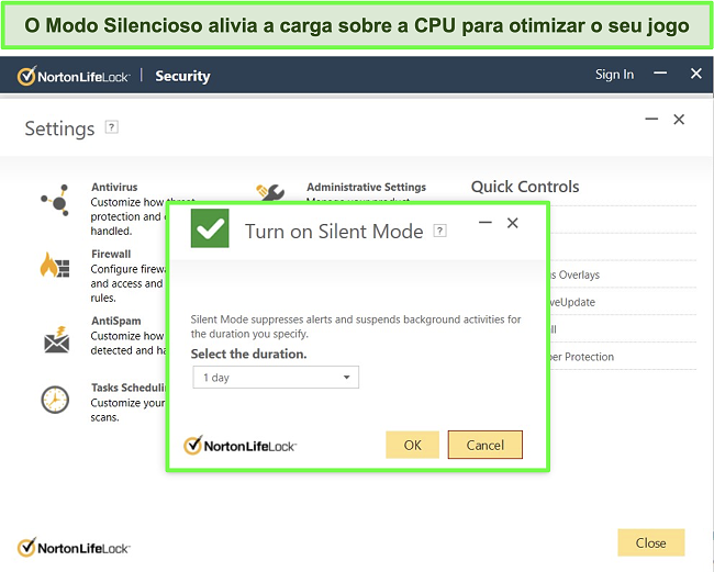 Captura de tela do recurso Modo silencioso do Norton LifeLock