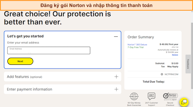 Ảnh chụp màn hình trang đăng ký của Norton