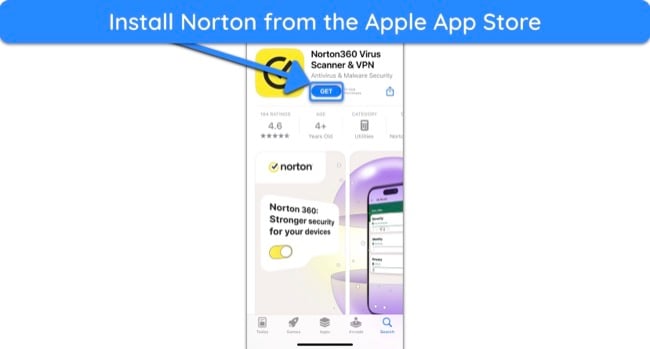 Screenshot showing how to install Norton from the Apple App Store