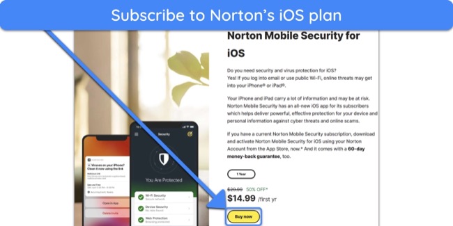 Screenshot showing how to subscribe to Norton's iOS plan