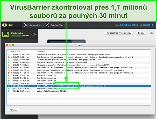Screenshot Intego's VirusBarrier provádějící antivirovou kontrolu na Macu