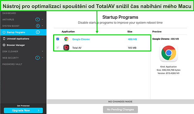 Screenshot optimalizace spouštění TotalAV běžící na Macu