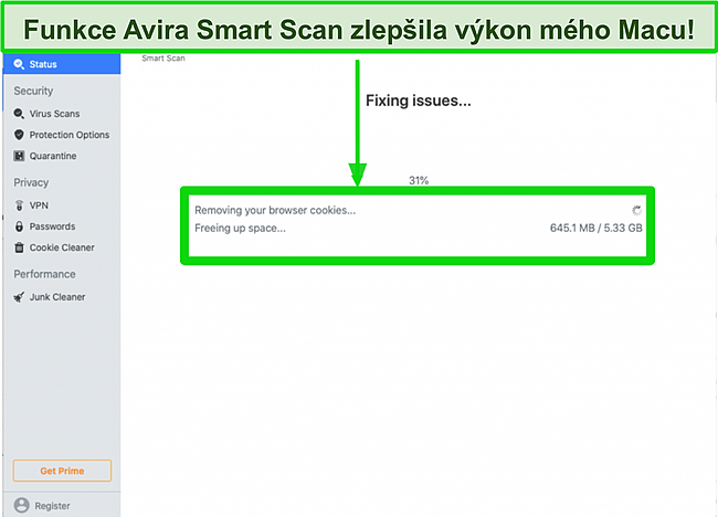 Screenshot z inteligentního skenování Avira odstraňujícího soubory cookie pro procházení v systému Mac
