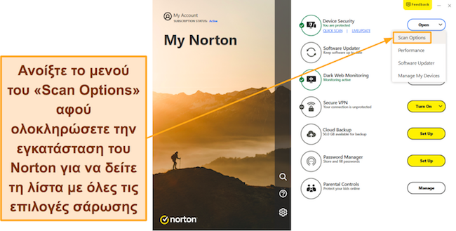 Στιγμιότυπο οθόνης που δείχνει πώς να αποκτήσετε πρόσβαση στο μενού επιλογών σάρωσης του Norton