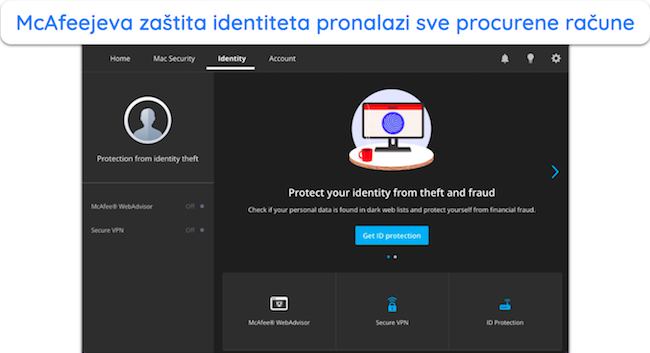 Snimka zaslona značajke McAfee ID zaštite