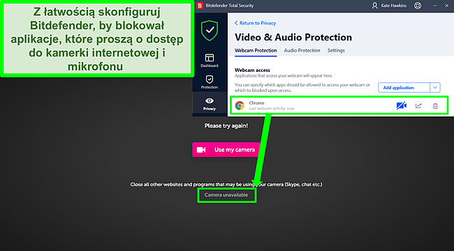 Zrzut ekranu przedstawiający Bitdefender blokujący dostęp kamery internetowej do strony internetowej.