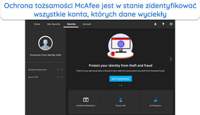 Zrzut ekranu przedstawiający funkcję ochrony tożsamości firmy McAfee