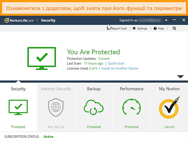 Знімок екрана інформаційної панелі програми Norton 360 для Windows