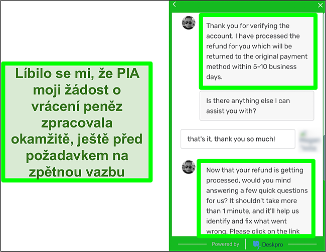 Screenshot zástupce soukromého přístupu k internetu, který schvaluje vrácení peněz pomocí záruky vrácení peněz přes živý chat