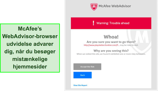 Skærmbillede af McAfee WebAdvisor browserudvidelsesgrænsefladen.