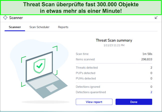 Malwarebytes-Test zeigt die Schnittstelle der Bedrohungsscan-Funktion.
