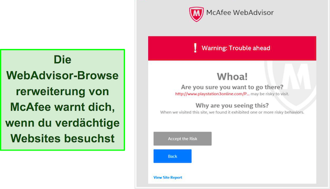 Screenshot der Browser-Erweiterungsschnittstelle von McAfee WebAdvisor.