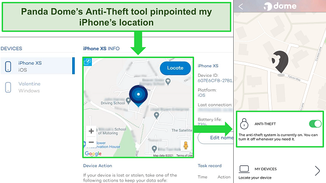 Screenshot of Panda's anti-theft tool active on the iOS app with the precise location show on Panda's device location website.