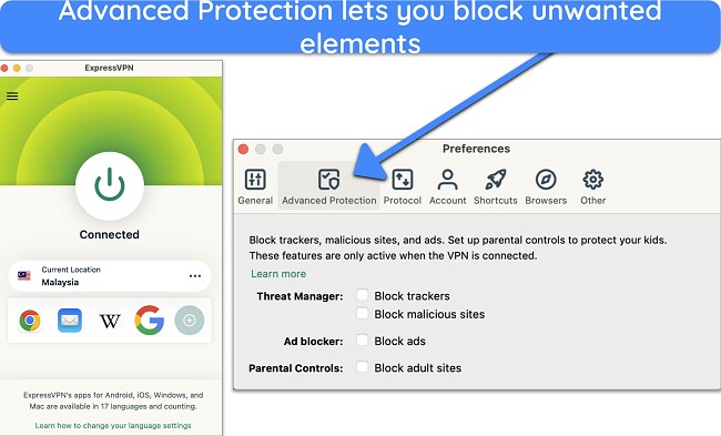 Screenshot of ExpressVPN's Advanced Protection feature in its macOS app