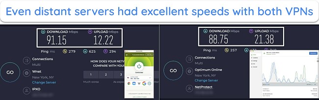 Screenshot of speed test results proving both VPNs are fast with distant servers