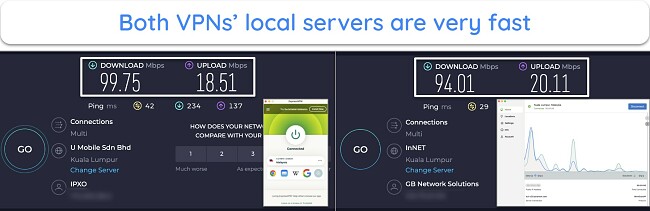 Screenshot of speed test results proving both VPNs are fast with distant servers