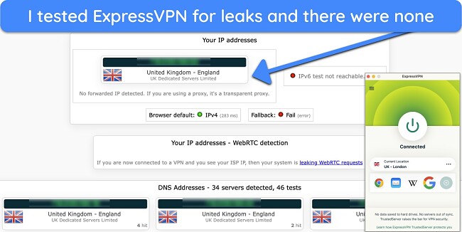 Screenshot of leak test results proving ExpressVPN doesn't leak your data