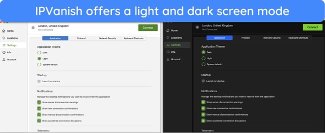 Screenshot comparing IPVanish's light and dark screen modes