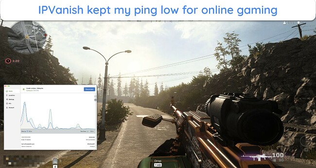 Screenshot of playing Call of Duty: Warzone with IPVanish connected to a local server