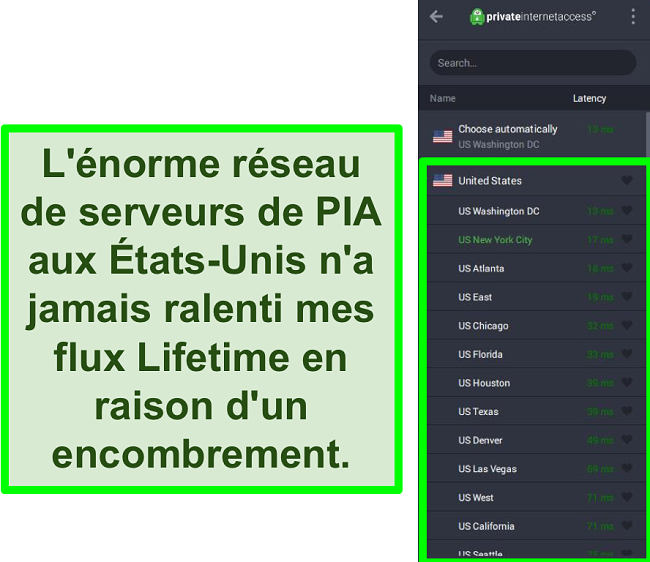 Capture d'écran du menu du serveur de PIA montrant les emplacements aux États-Unis