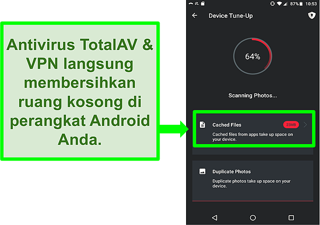 Tangkapan layar fungsi pembersihan perangkat di TotalAV Antivirus dan VPN untuk Android