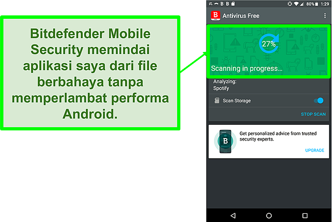 Tangkapan layar versi gratis Bitdefender Mobile Security yang memindai perangkat seluler Android