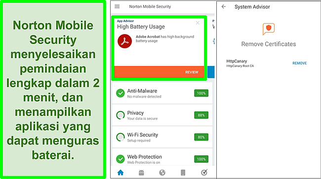 Tangkapan layar pemindaian di Android menggunakan Norton Mobile Security