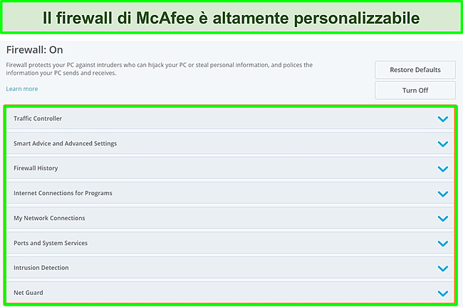 Screenshot del firewall di McAfee.
